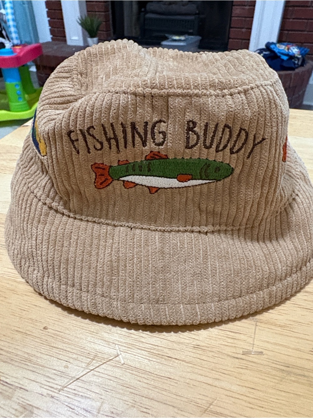Children's Tan Corduroy Hat with Colorful Fish Embroidery